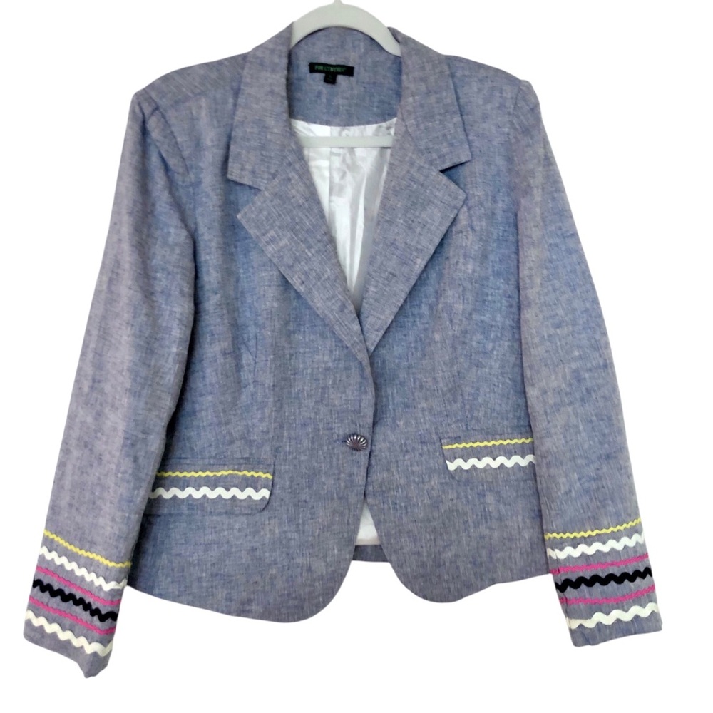 FOR CYNTHIA LINEN BLEND BLAZER SIZE XL BLUE MULTI RIBBON TRIM JACKET - Picture 12 of 12